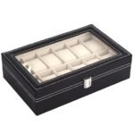 Presents Luxury 12-Slot Watch Box for Men & Women ? Lockable Leather Watch Organizer with Glass Lid, Soft Velvet Cushions, Premium Display & Storage Case for Watches (Black)